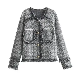 MY2248 New 2023 European Chic V Neck Tassels Edge Elegant Knit Jacket Women Sweater Clothing 10