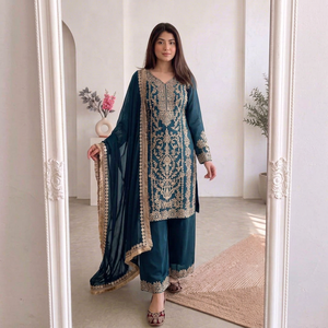 Ensemble Salwar en Rayonne Brodé Bleu Turquoise avec Dupatta – Tenue Traditionnelle Indienne et Pakistanaise pour Femme, Coupe Ample, Longueur Cheville, Décontractée - Product Image 1