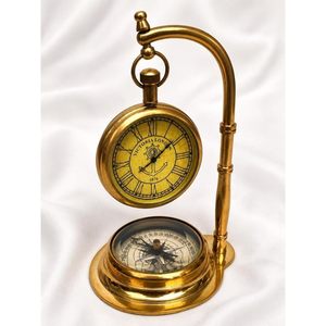 <b>Vintage</b> Brass Hanging Table <b>Desk</b> Clock with Compass Base Antique Nautical Table Decor - Product Image 3