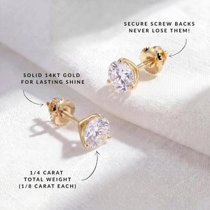 Boucles d'oreilles clous en or blanc 14 carats avec diamants de laboratoire taille Martini à 3 griffes pour femme, à visser, D-E VVS1 VVS2, bijoux ronds - Product Image 3