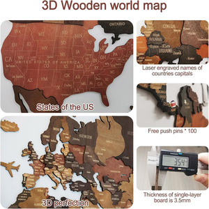 Carte murale en bois 3D Glow the Dark World Map avec épingles, grande décoration murale de salon/bureau, carte de voyage, - Product Image 3