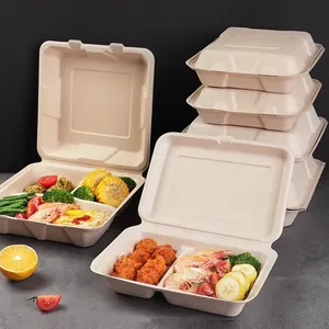 Eco-Friendly Biodegradable Clamshell Take out Food Containers Disposable Togo Boxes with Lids Compostable sugarcane bagasse box