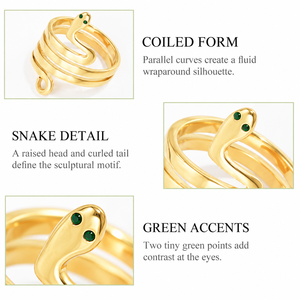 Gold and <b>Silver</b> Tone <b>Snake</b> <b>Ring</b> Coiled Wrap Design with Green Eye Accents Polished Statement Jewelry - Product Image 3