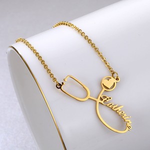 새로운 금도금 간호사 의사 청진기 펜던트 목걸이 스테인레스 스틸 편지 이름 하트 Eg 청진기 펜던트 목걸이 - Product Image 3