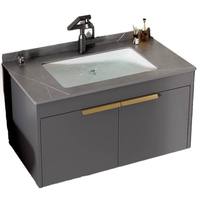 Meuble-lavabo mural gris foncé moderne avec vasque en céramique blanche, miroir LED, étagère ouverte et poignées dorées pour petite salle de bain