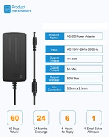 Transformateur LED 12V 5A 60W Alimentation à découpage avec entrée AC 220V et sortie DC 12V Connexion enfichable