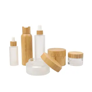 CS2023化妆品容器1盎司2盎司3盎司4盎司竹盖化妆品罐，带木盖玻璃罐，用于护肤竹玻璃罐