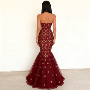 Abiti da Donna <span class=keywords><strong>Bordeaux</strong></span> Senza Spalline con Motivo a Diamante Dorato, Stile Sirena con Strascico in Tulle, Elegante Abito da Sera Formale Aderente in Vita - Product Image 3