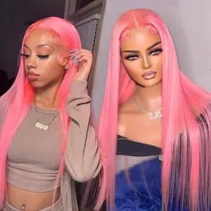 Pink Lace Front Wig Human Hair For Women Long Straight Customized Colored Pink Color Human Hair HD Transparent Lace closure Wigs