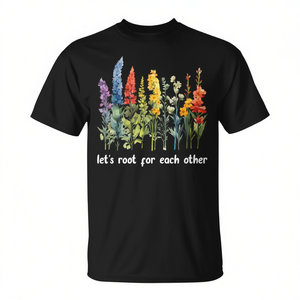 T-shirt floreale ispiratrice con scritta 'Let's Root For Each Other', nera, taglia unisex per adulti - Product Image 2