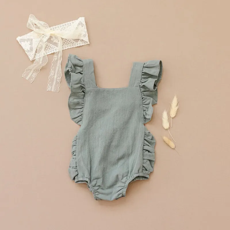 Produsen pakaian baju monyet bayi Ruffle Linen tali silang kualitas tinggi kustom baju monyet anak tali silang