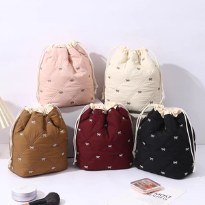 Burgundy Quilted <b>Drawstring</b> Cosmetic Bag Polyester Embroidery Bow Knot Toiletry <b>Pouch</b> Large Capacity Makeup Organizer Case - Product Image 2