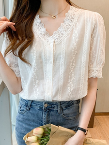 Camicetta Estiva Bianca in Pizzo a Maniche Corte da Donna, Blusa con Scollo a V in Pizzo, Blusas Mujer De <span class=keywords><strong>Moda</strong></span>, <span class=keywords><strong>Top</strong></span> e Camicie da Donna 8556 # - Product Image 5