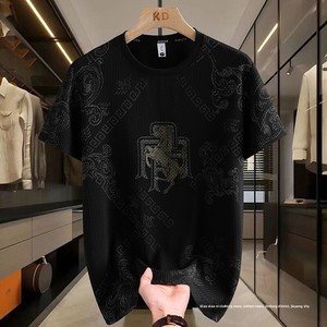 Camiseta de Manga Corta con Cuello Redondo, Estilo Coreano, Corte Ajustado, Diseño Floral Vintage, Transpirable, de Poliéster Jacquard, para Hombres Jóvenes - Product Image 3