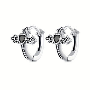 Orecchini a Cerchio E3688 in Argento Anticato con Zirconi Taglio Cuore, Gioielli Vintage da Donna - Product Image 1