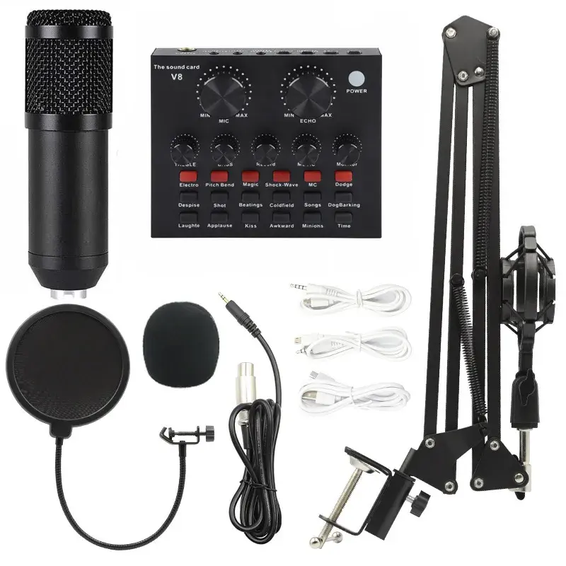 XLR mikrofon kondensor profesional, Mic V8 kartu suara PC komputer Audio USB rekaman Studio Game siaran langsung