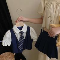 Ensemble Preppy d'Été Style Coréen pour Enfants : Chemise et Jupe Plissée 2 Pièces Tendance pour Filles