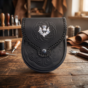 GREENLAND PIPE CO Sporran de Cuero Negro con Insignia de Cardo Grabada en Relieve, Accesorio Frontal para Kilt Escocés de las Tierras Altas - Product Image 4