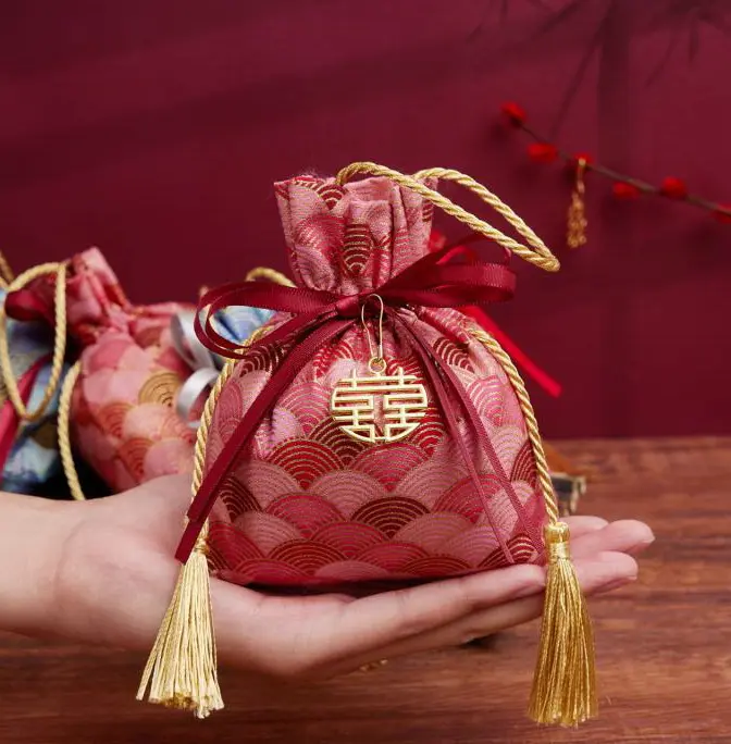 Bolsa de cordão de joias personalizada, artesanal, bolsa de presente de broca chinesa