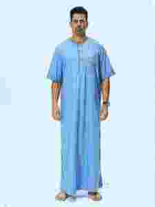 <b>Men's</b> Blue Cotton <b>Thobe</b> Long Sleeveless Casual Daily Wear Floor Length Loose Fit Middle Eastern Traditional Clothing - Product Image 4