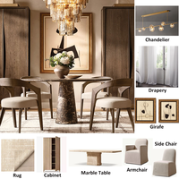Table à manger extensible en marbre travertin de luxe sur mesure OEM ODM, chaises en lin, éclairage en laiton, armoires en bois, 9 pièces
