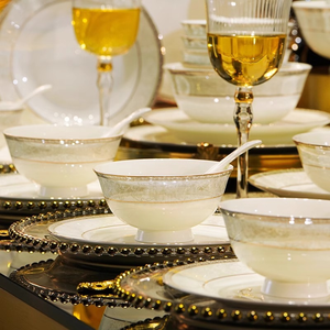 Bộ đồ ăn sứ xương cao cấp, bộ đồ ăn gốm sứ, trang trí đám cưới, nhà cửa và nhà bếp, bát và đĩa gốm sứ mạ vàng, kèm hộp quà tặng - Product Image 3