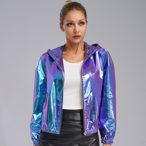 Traje de Danza Lírica Blanco para Mujer, Chaqueta Corta Metálica con Capucha Holográfica, Abrigo Moderno para Usar en la Calle, Danza Jazz - Product Image 5