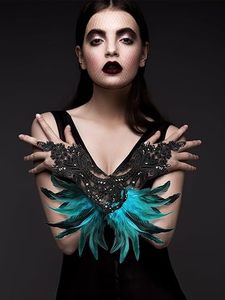 Vente en gros de gants en plumes noires Gants gothiques en maille de dentelle Gants gothiques demi-doigts pour femmes Carnaval Party Dance - Product Image 3