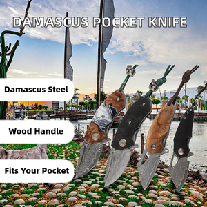 Cuchillo Plegable de Acero de Damasco Hecho a Mano con Mango de Madera y Hoja de Punta Caída, Cuchillo de Bolsillo para Camping y Caza al Aire Libre, Personalizable OEM - Product Image 2