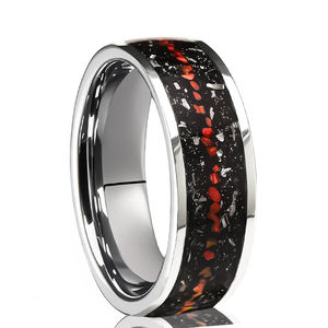 Nouvelle conception Bague en tungstène plaqué argent 8 mm avec incrustation d'opale rouge naturelle et de météorite de grès pour couple, bague de fiançailles, bague d'anniversaire - Product Image 1