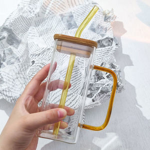 Vaso cuadrado de pajita de vidrio de borosilicato de 400ml con mango colorido, accesorios de barra de uso doméstico para bebidas frías, jugos, leche - Product Image 1