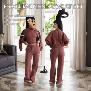 Ensemble de vêtements de sport 2 pièces personnalisé F5364 pour femmes veste à capuche zippée et pantalon de survêtement ample à jambes larges équipement de sport d'hiver - Product Image 2