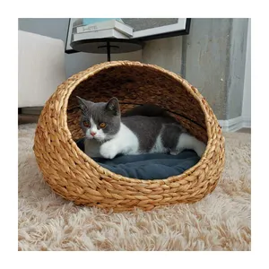 Vintage handmade wicker indoor pet cat nest house rattan cat basket cave bed dog beds