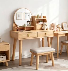 Scandinavian Solid Birch Makeup <b>Vanity</b> With Flip Top <b>Mirror</b> And Storage Drawers Bedroom Dressing Table Set - Product Image 2