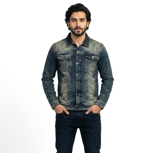 Veste en jean vintage unie pour homme Finer Threads, coupe ajustée, à capuche, col montant, respirante, avec logo avant tendance - Product Image 1