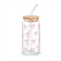 Lot de 2 verres roses avec nœud, couvercle en bambou et paille – Gobelets réutilisables pour boissons froides et chaudes – Idéal pour la maison ou comme cadeau