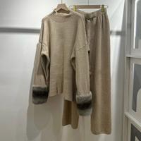 Ensemble pull et pantalon en tricot pour femme, pull oversize à col montant, pantalon ample à jambes larges avec revers en fourrure de lapin Rex, hiver
