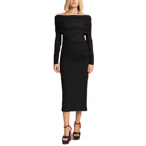 Женское Элегантное Черное Повседневное платье миди с длинным рукавом с логотипом на заказ, облегающее платье с открытыми плечами и рюшами