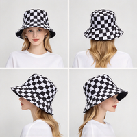 Topi Nelayan Kotak-kotak Hitam Putih Custom dengan Logo Cetak Penuh, Topi Bucket Bolak-balik, Topi Bucket Bordir Custom untuk Pantai