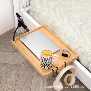 Wooden Bedside Table <b>Clip</b> On Portable Laptop Tray Storage Rack For Bedroom With Phone Holder And Headphone <b>Hook</b> - Product Image 1