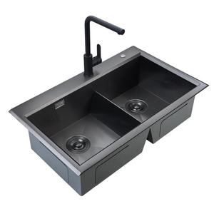 Lavello da <span class=keywords><strong>Cucina</strong></span> Moderno Grande 80*48cm Doppia Vasca Due Fori PVD Nero Acciaio Inox 304 Superficie Nano Fatto a Mano Senza Rubinetto - Product Image 4