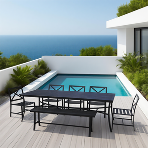 Bộ bàn ăn ngoài trời bằng nhôm 8 người | băng ghế mô-đun + Ghế cánh tay cong | sân thượng cao cấp & sử dụng cảnh biển - Product Image 1