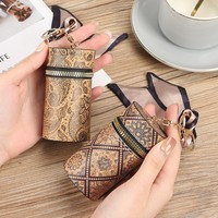 Porte-clés cylindrique à motif rétro, mini pochette en PU pour rouge à lèvres et monnaie, rangement portable pour écouteurs avec foulard en soie