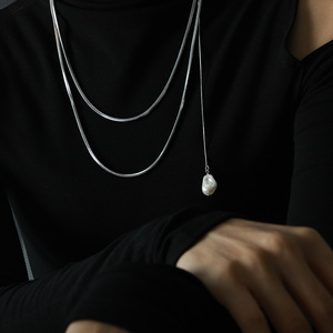 Collar de Moda con Cadena de Perlas de Imitación en Forma de Gota de Agua, Multicapa, Color Acero - Product Image 2