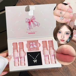 Mignon papillon brillant à lèvres & Blush ensemble Vetvet finition mate léger non collant rose cosmétique ensemble boîte-cadeau avec collier - Product Image 1