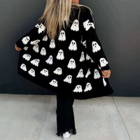 Cardigan en tricot jacquard européen et américain pour femme, mi-long, ample, avec doublure en laine et motif fantôme d'Halloween, idéal pour l'automne