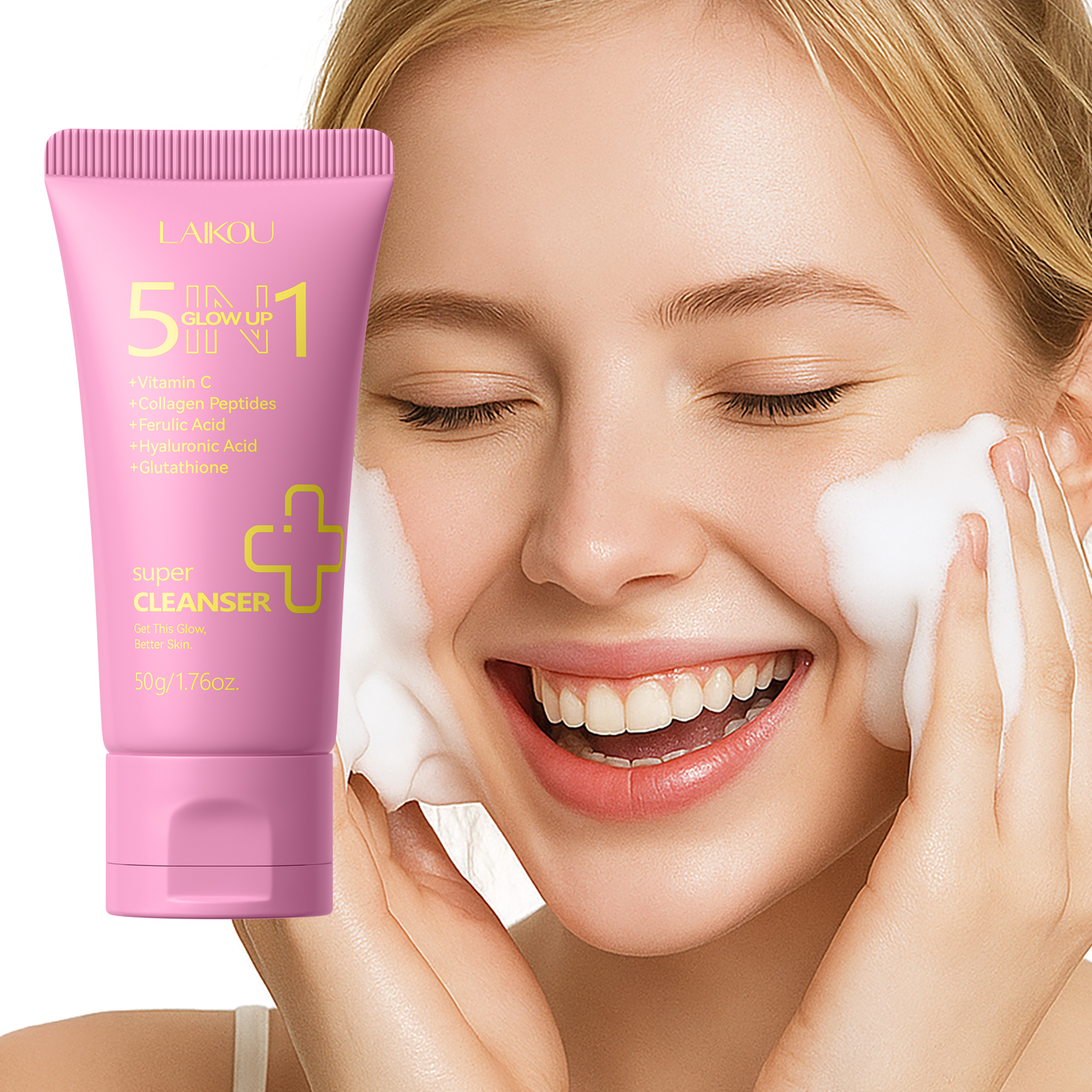 LAIKOU 5 in 1 Glow up Super Facial Cleanser Vitamin C Collagen Peptides  Ferulic Acid Hyaluronic Acid Glutathione Creamy Foam| Alibaba.com