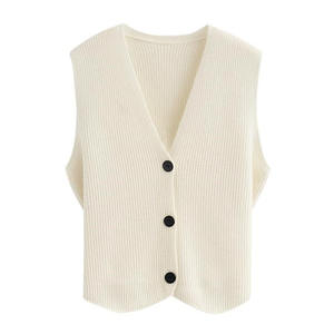 صدرية محبوكة بدون أكمام برقبة حرف V عميقة للسيدات بدون أكمام من الصوف غير رسمي مضلع مخطط ملابس تريكة OEM ODM/للبيع بالجملة - Product Image 4