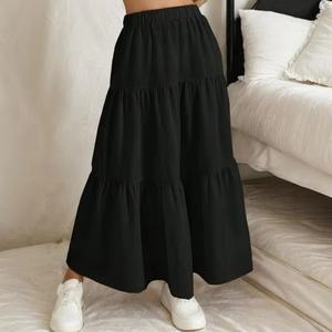 Falda Maxi Negra de Cintura Elástica para Mujer, Color Sólido Personalizado, para Uso Diario Informal - Product Image 1