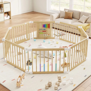 Parc de jeu pliable portable en bois massif pour bébés et tout-petits avec barrière de sécurité rétractable pour chambre et école - Product Image 1